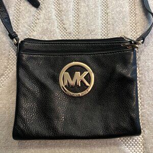 Michael Kors Black Leather Fulton Crossbody Bag w/ Gold Hardware